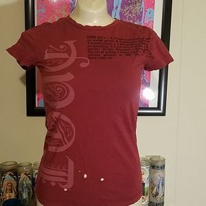 Harajuku Lovers maroon distressed top Gwen Stefani